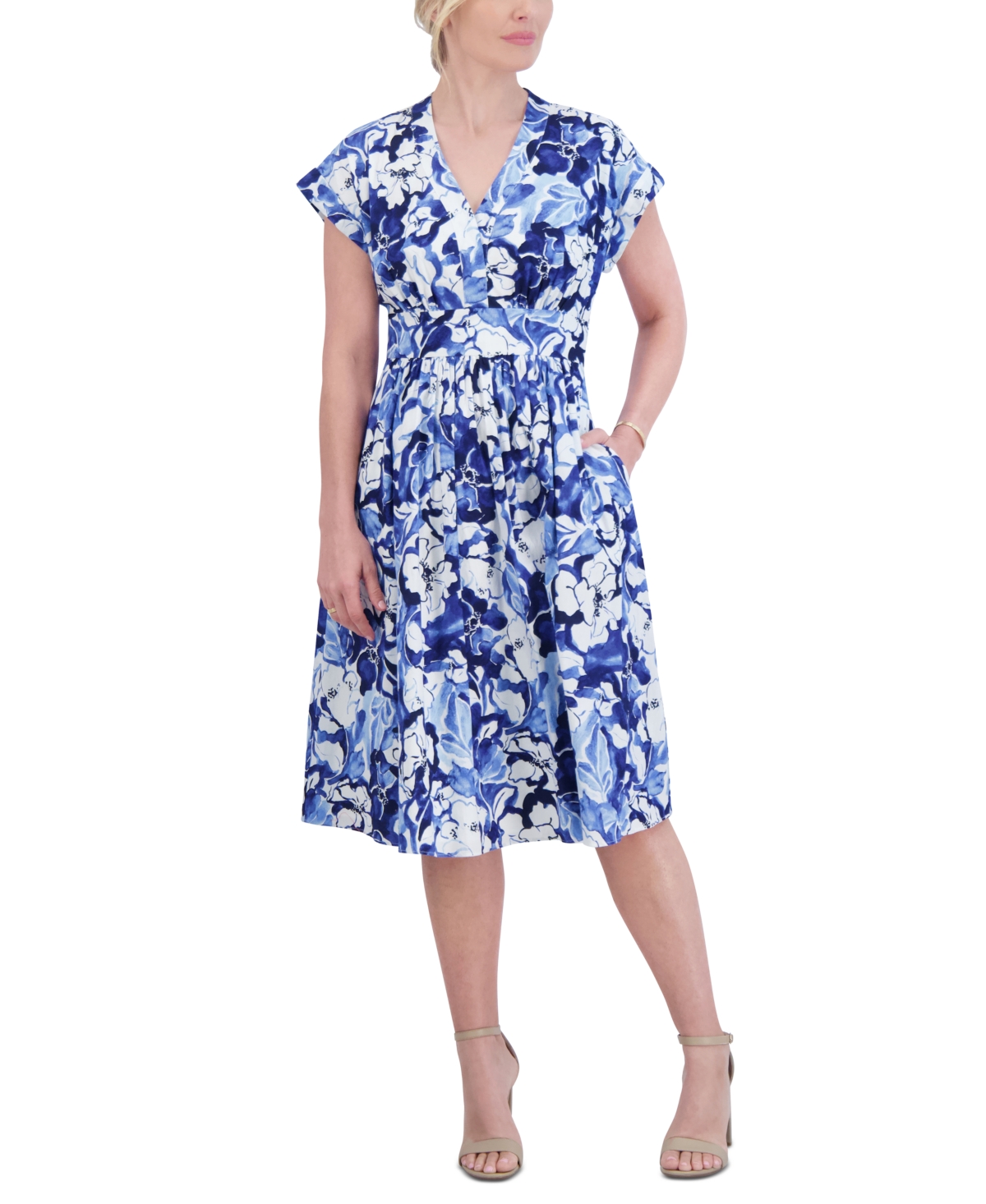 Petite Cotton Poplin Floral Fit & Flare Dress - Blue Multi