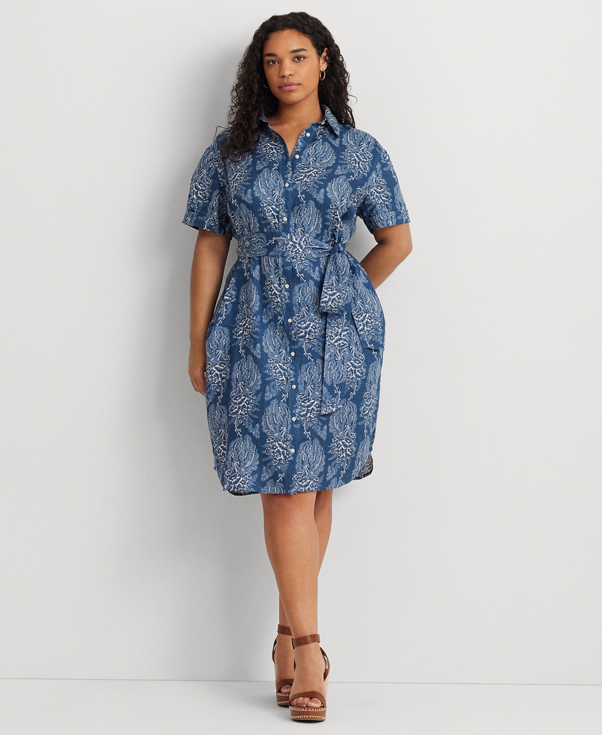 Shop Lauren Ralph Lauren Plus Size Linen Floral Shirtdress In Blue