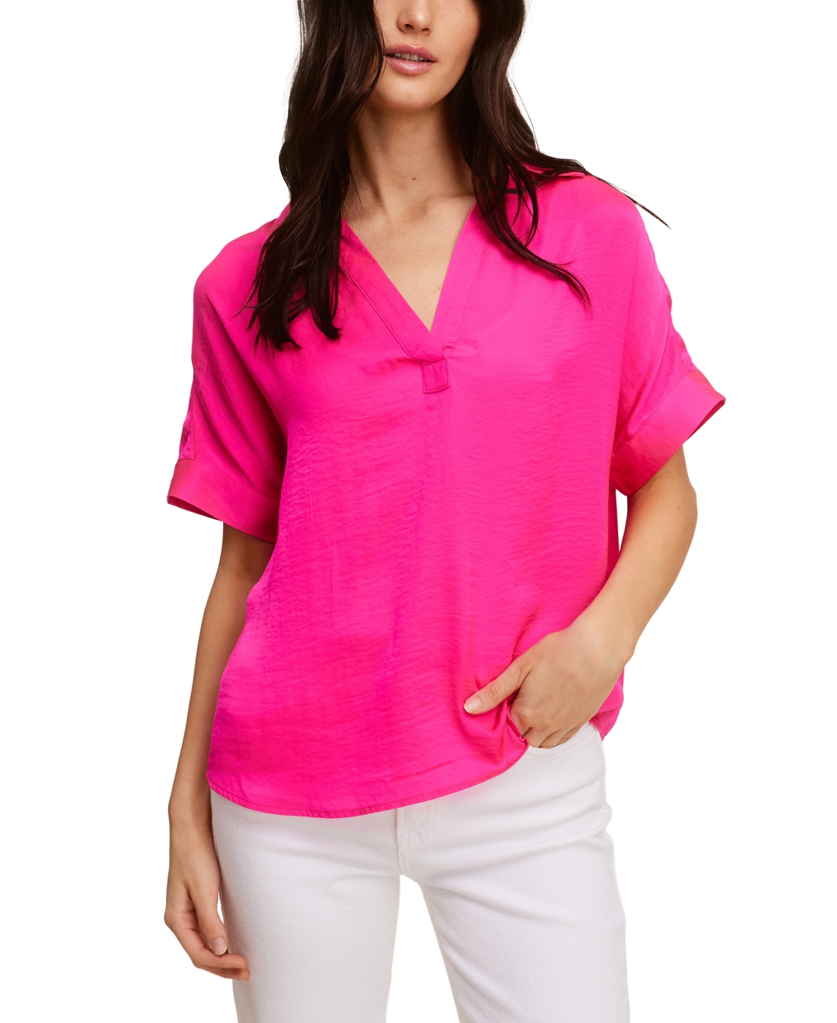 Solid Washer Woven Split Neck Top - Vibrant Pink