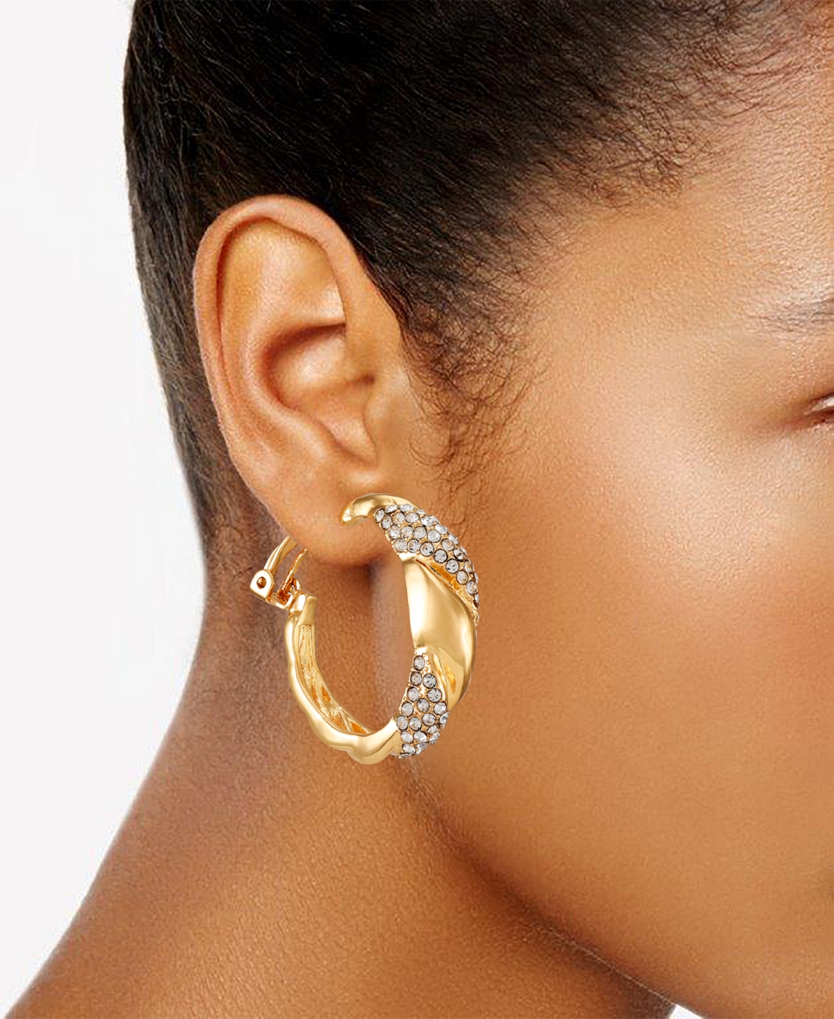 Shop T Tahari Gold-tone Woven Glass Stone Clip On Hoop Earrings