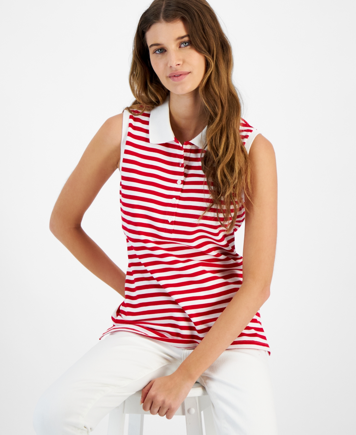 Tommy Hilfiger Women's Striped Sleeveless Polo Shirt In Red