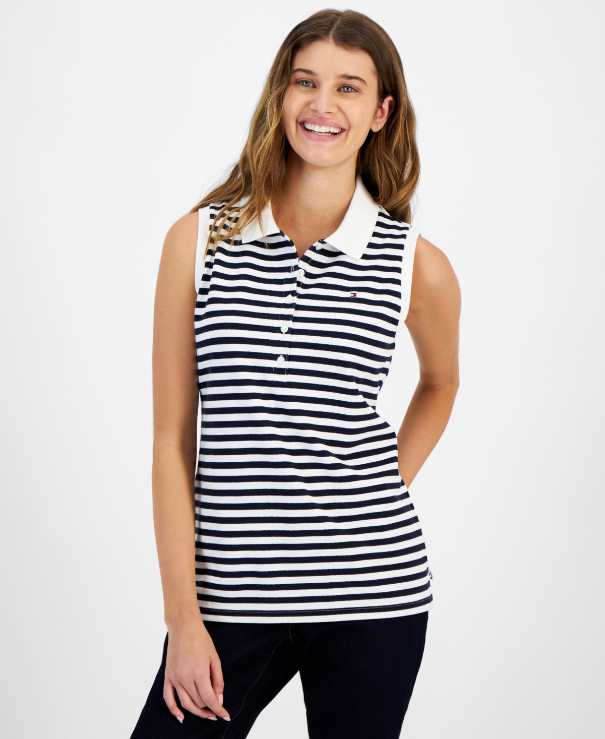 Shop Tommy Hilfiger Women's Striped Sleeveless Polo Shirt In Sky Cap,br