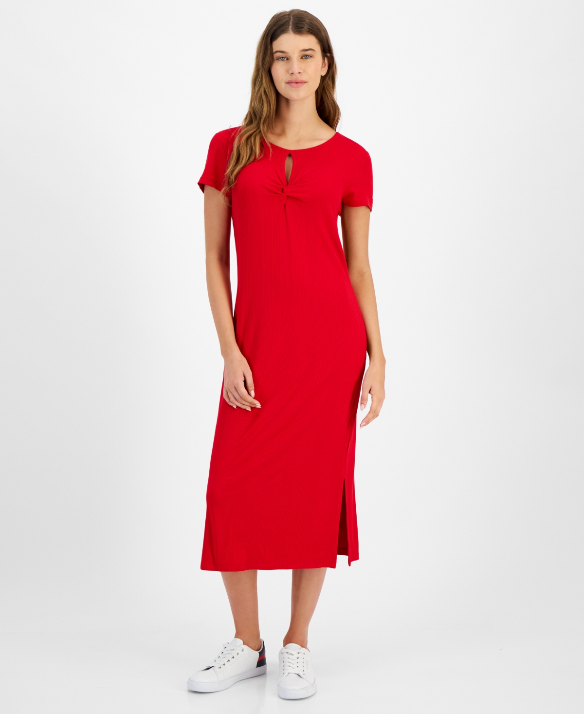 Shop Tommy Hilfiger Women's Twist-front Ribbed Knit Midi Dress In Scarlet