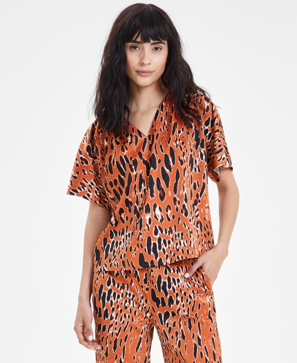 Women's Animal-Print Short-Sleeve Top, Created for Macy's - Rich Camel/Black