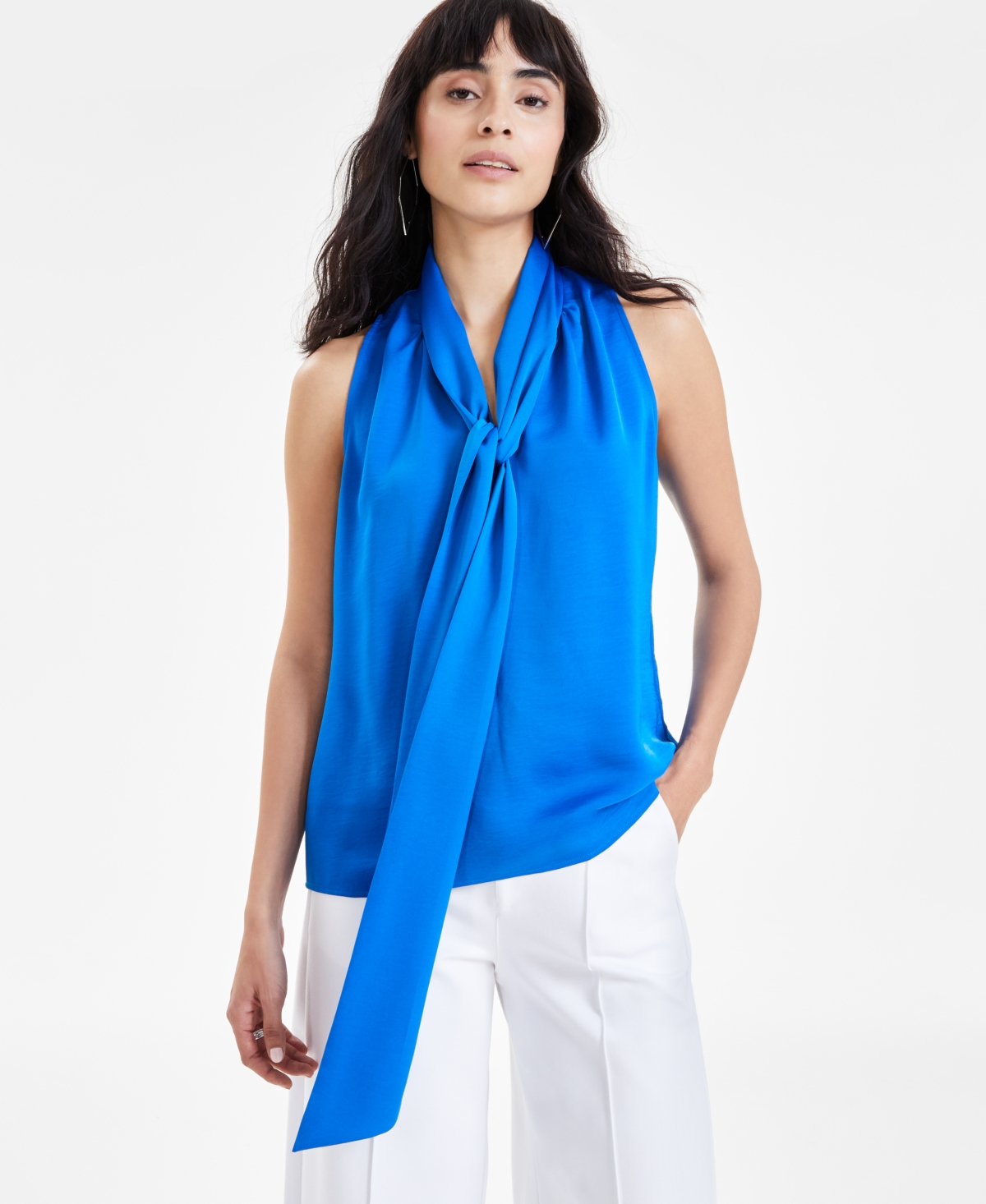 Bar Iii Women's Sleeveless Tie-neck Blouse, Created For Macy's In French Blue