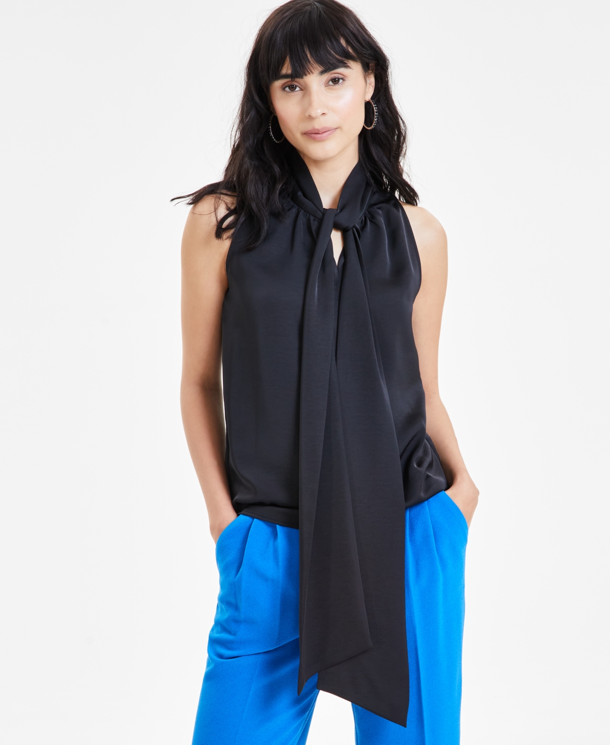 Shop Bar Iii Women's Sleeveless Tie-neck Blouse, Created For Macy's In Black