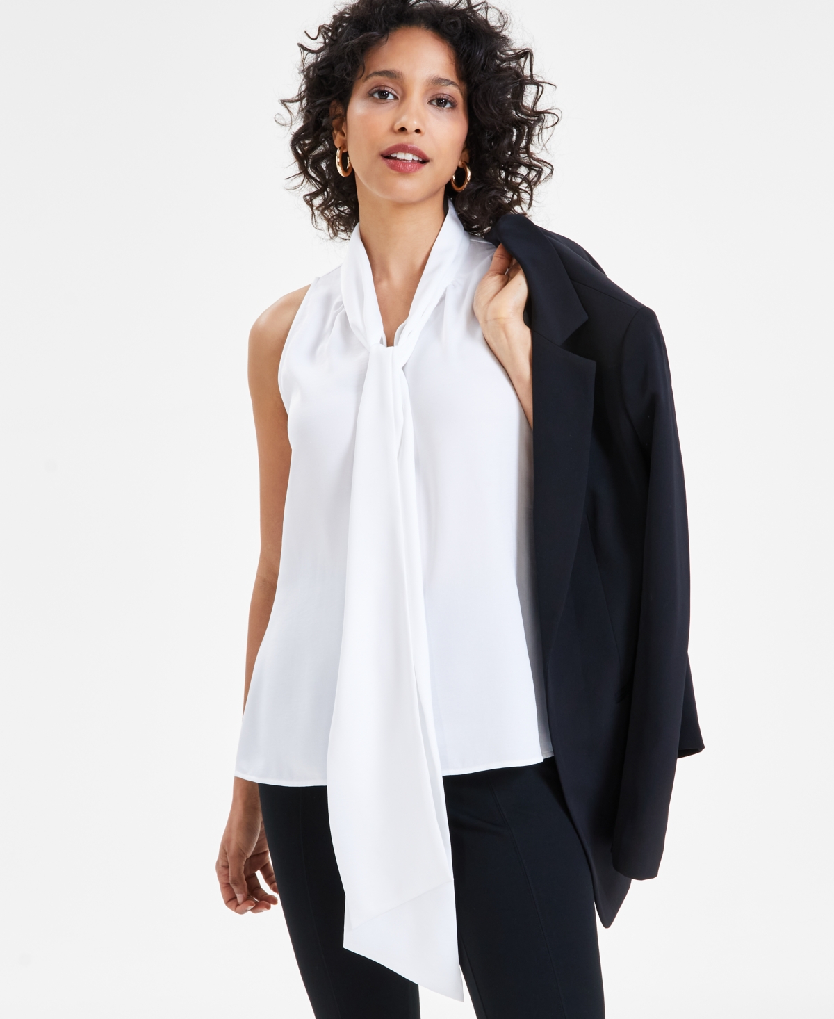 Bar Iii Women's Sleeveless Tie-neck Blouse, Created For Macy's In Blanc