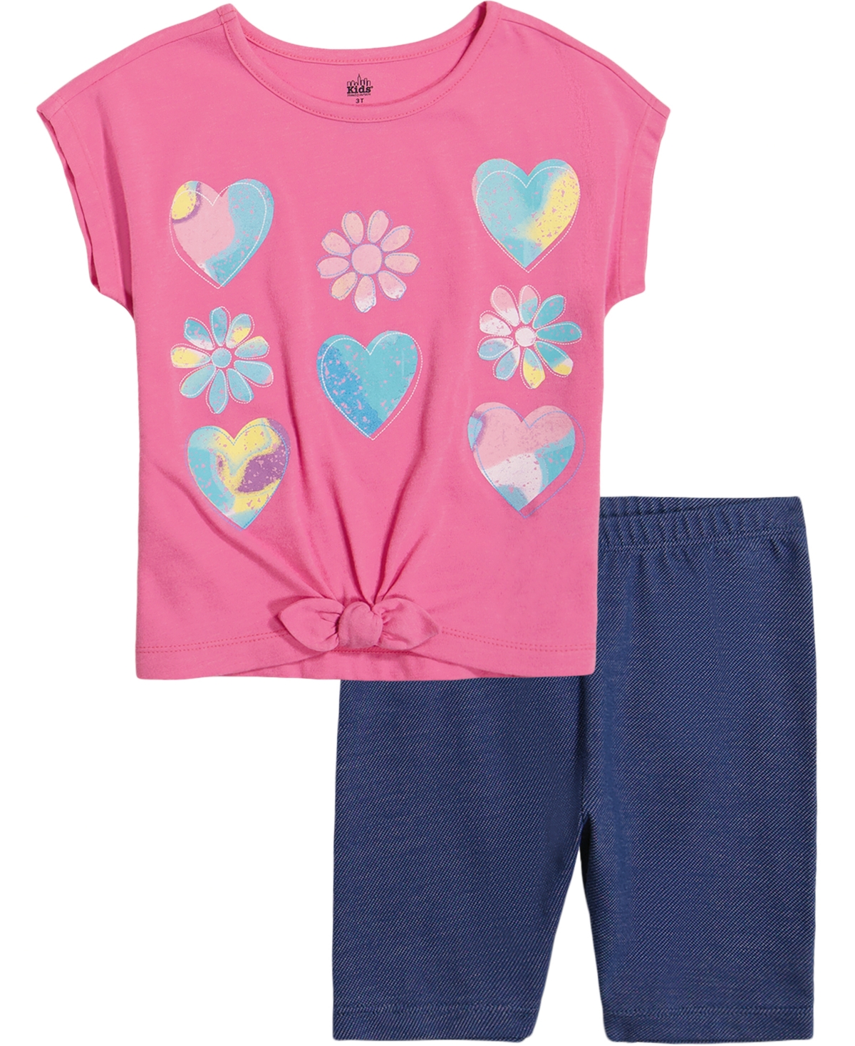 Shop Kids Headquarters Toddler Girls Twist-tie Hem T-shirt And Faux Denim Bike Shorts Set In Pink,blue