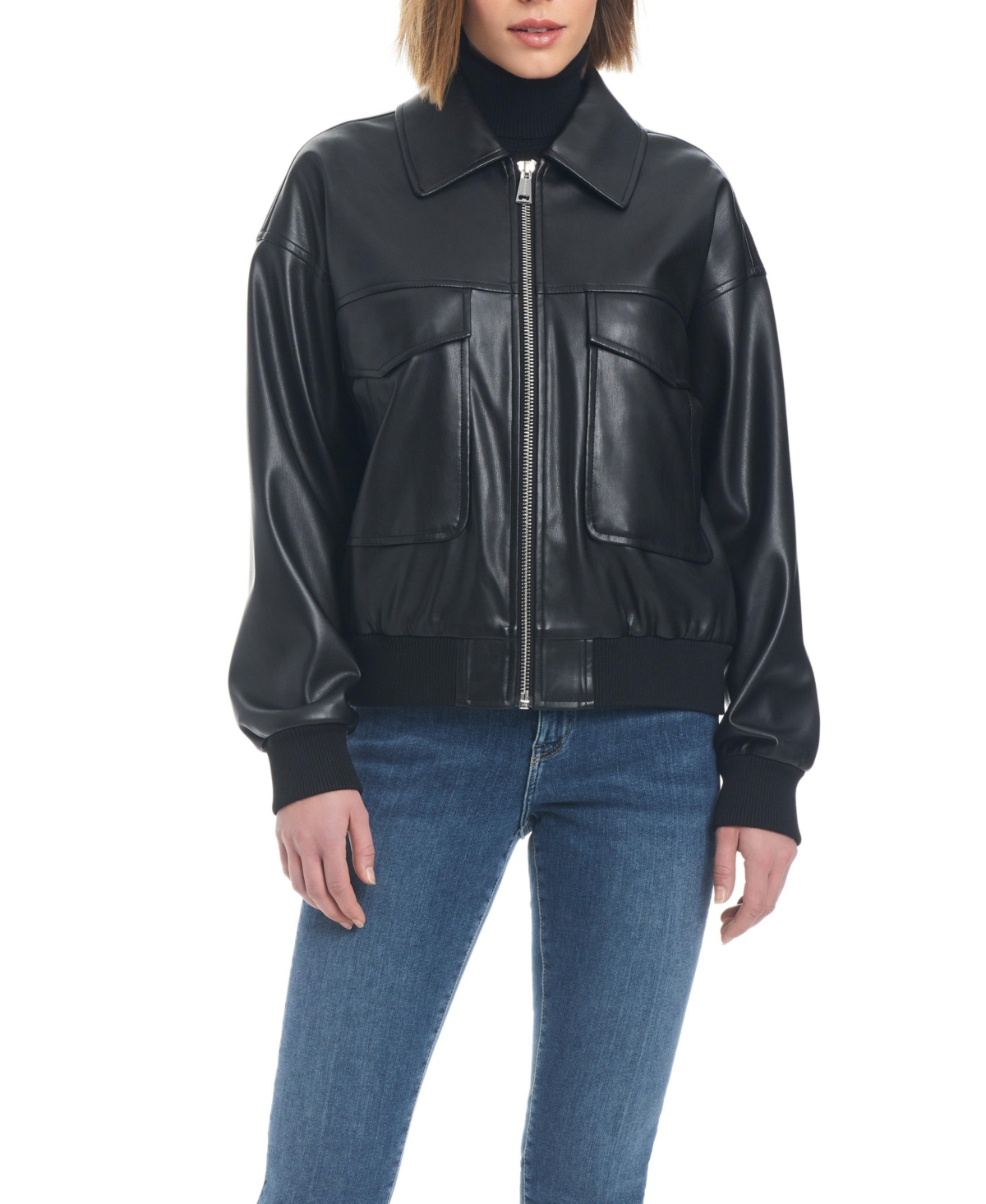Women's Faux Leather Bomber Jacket - Black