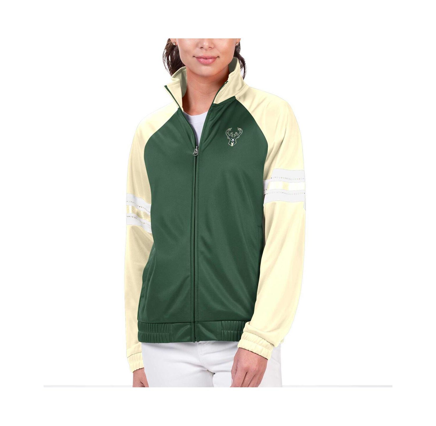 Women's Hunter Green Milwaukee Bucks Main Player Raglan Rhinestone Full-Zip Track Jacket