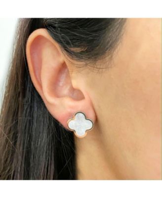 Large Mother of Pearl Clover Stud Earrings 14K Gold