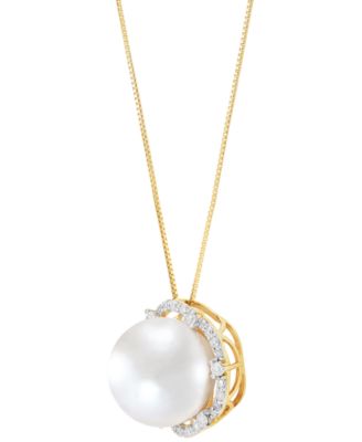 Cultured Ming Pearl (12mm) & Diamond (1/4 ct. t.w.) Halo 18" Pendant Necklace in 14k Gold