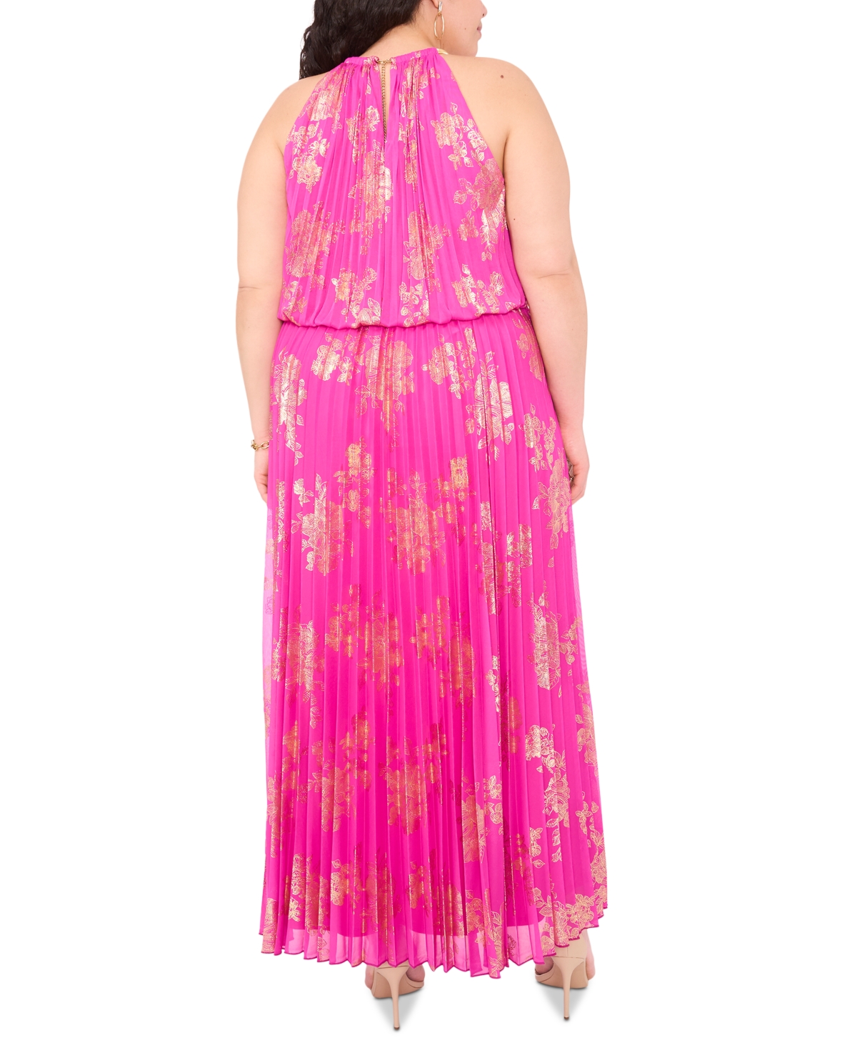 Shop Msk Plus Size Pleated Printed Chiffon Halter Dress In Fuchsia,gold