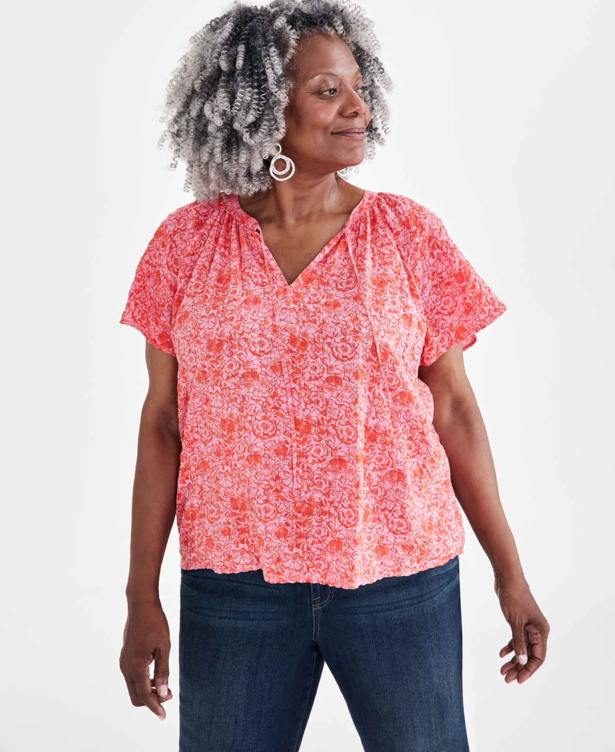 Plus Size Flutter-Sleeve Top, Created for Macy's - Gigi Floral Pink