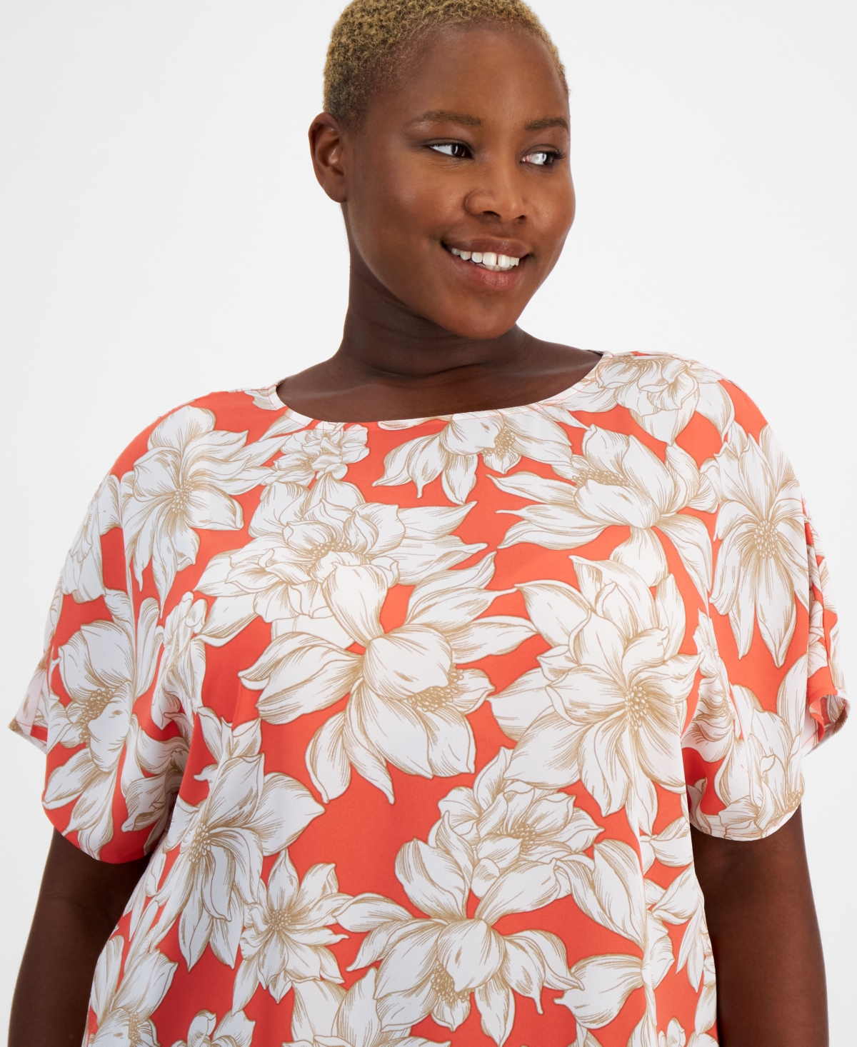 Anne Klein Plus Size Dot-Print Bateau-Neck Short-Sleeve Blouse -Bright White