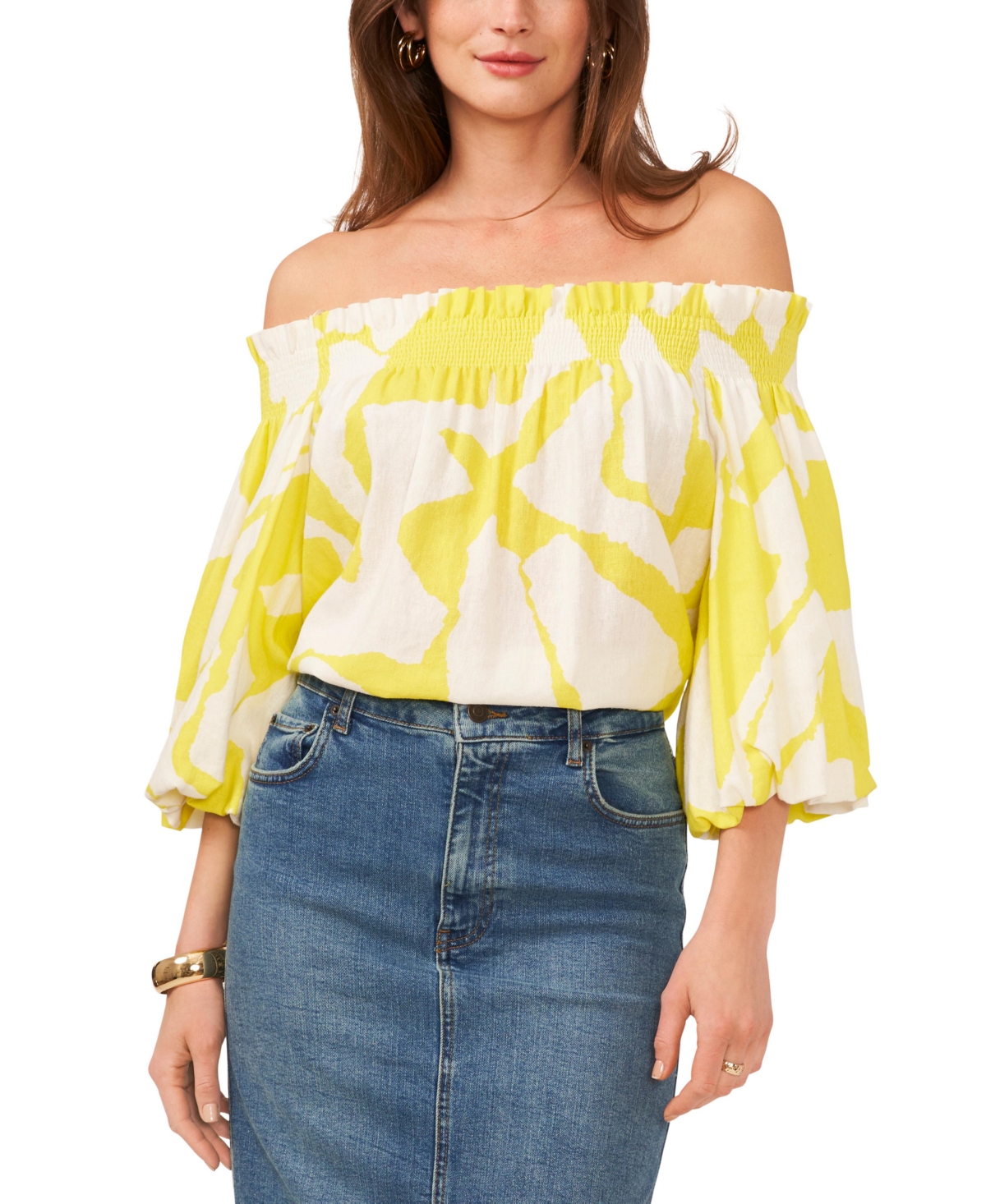 Women's Printed Off-The-Shoulder Blouson-Sleeve Top - Bright Lemon
