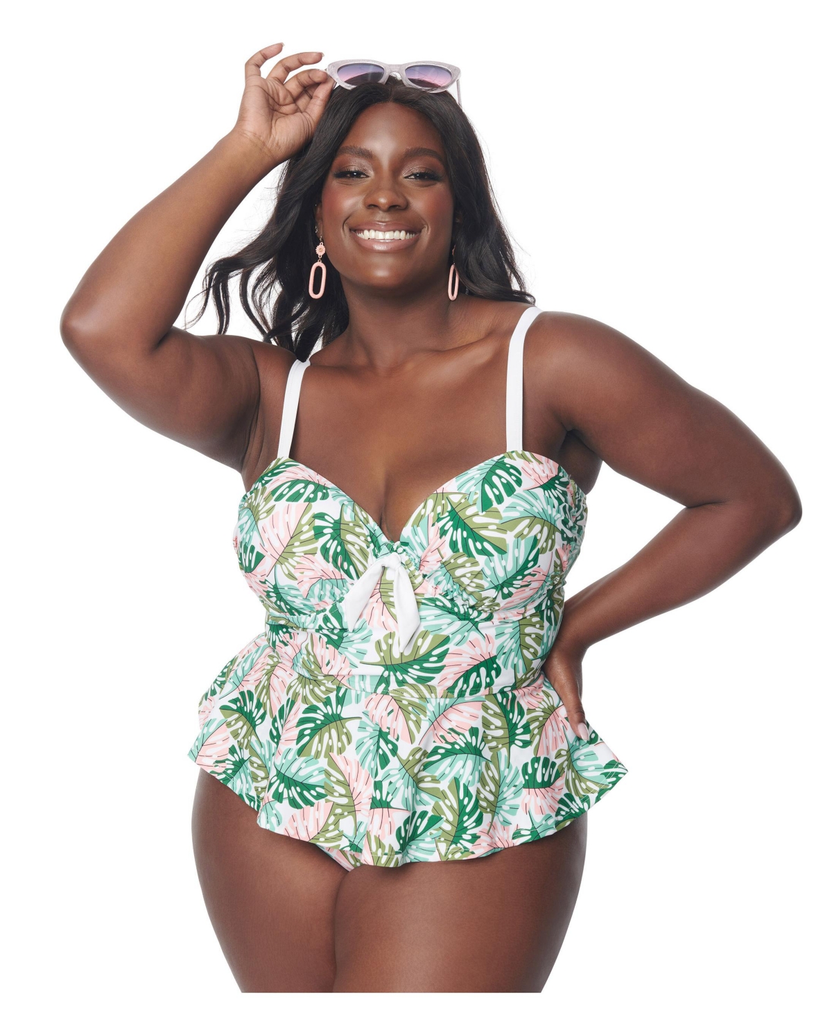Unique Vintage Plus Size Peplum Solana Tankini Swim Top -pink monstera leaf
