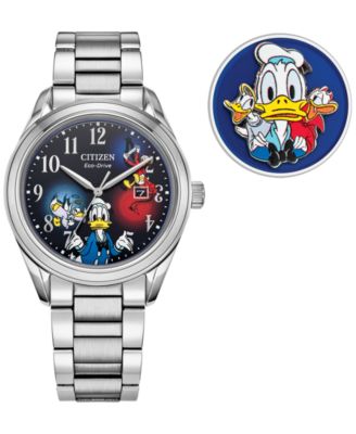 Eco-Drive Unisex Disney Donald Duck Stainless Steel Bracelet Watch 40mm Gift Set
