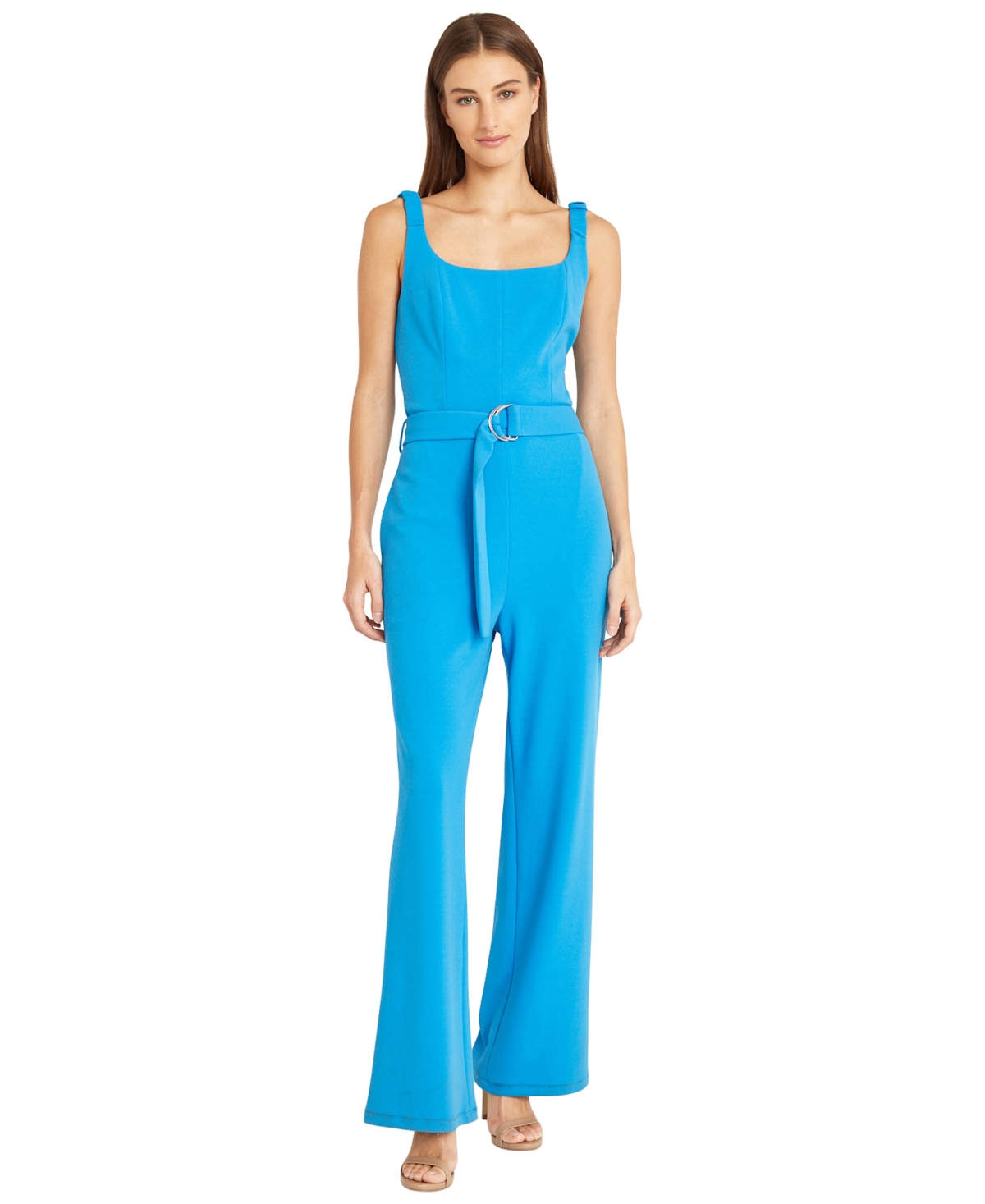 Shop Donna Morgan Women's Square-neck Belted Jumpsuit In Blue