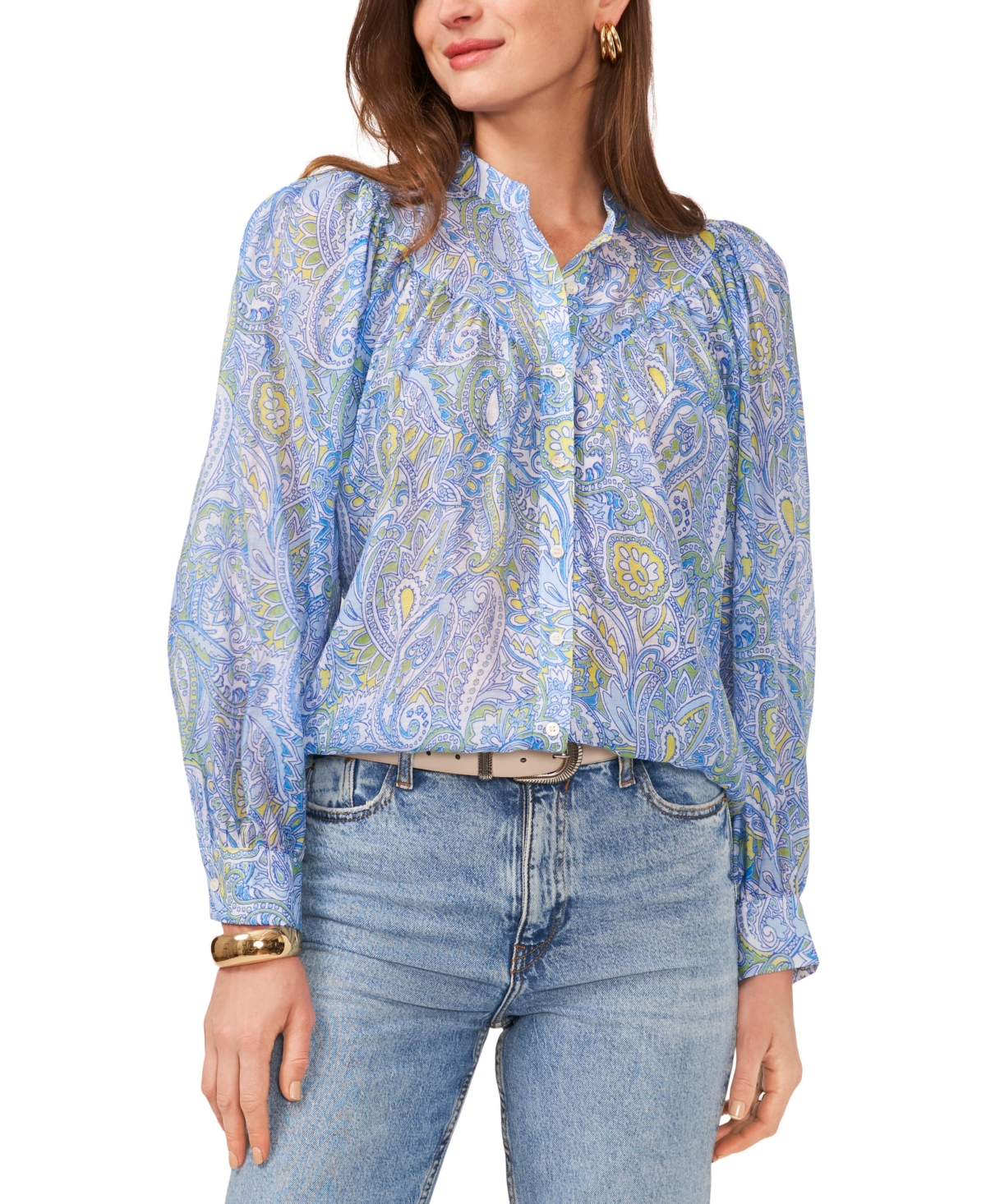 Vince Camuto Women's Printed Raglan Sleeve Button-front Top In Airy Blue