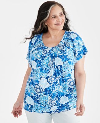 Style & Co - Plus Size Printed Pleat-Neck Flutter-Sleeve Top