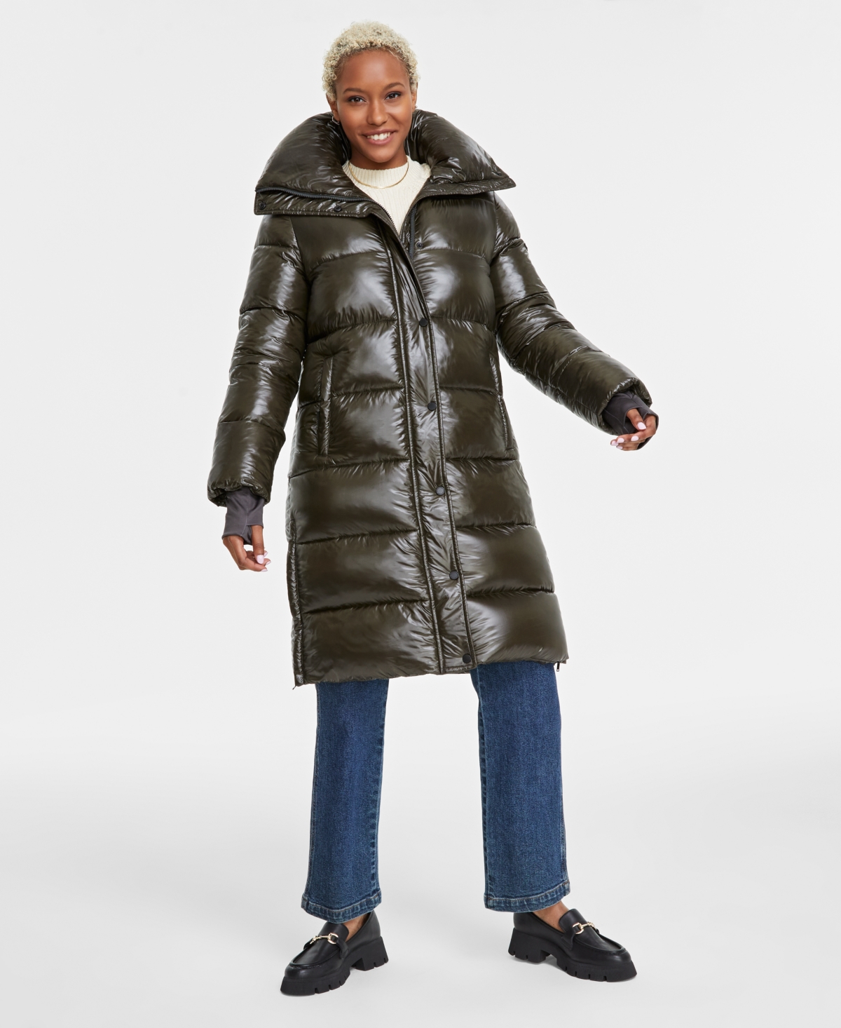 Women's Hooded Collared Puffer Coat - Shiny Chestnut