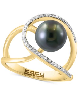 EFFY Collection - Black Tahitian Pearl (8mm) & Diamond (1/6 ct. t.w.) Abstract Openwork Statement Ring in 14k Gold