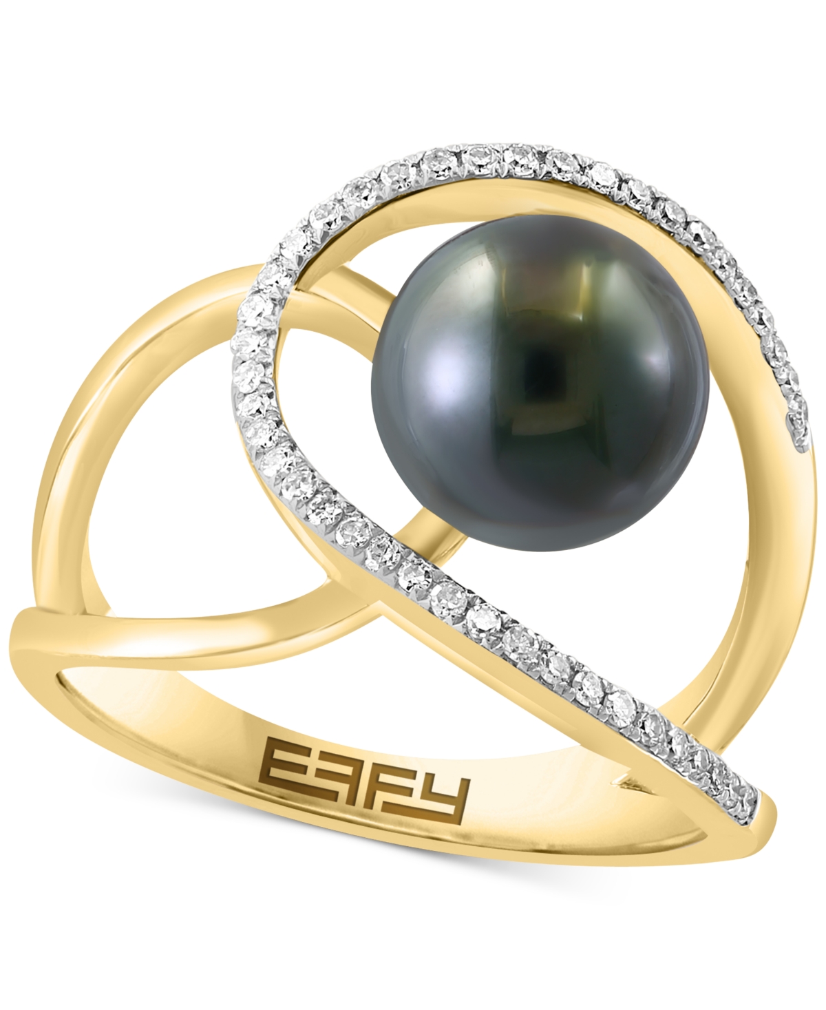 Shop Effy Collection Effy Black Tahitian Pearl (8mm) & Diamond (1/6 Ct. T.w.) Abstract Openwork Statement Ring In 14k Gol In Yellow Gol
