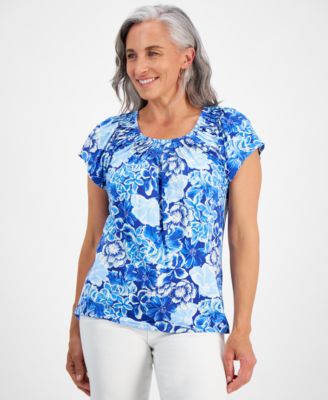 Style & Co - Petite Printed Pleated-Neck Top