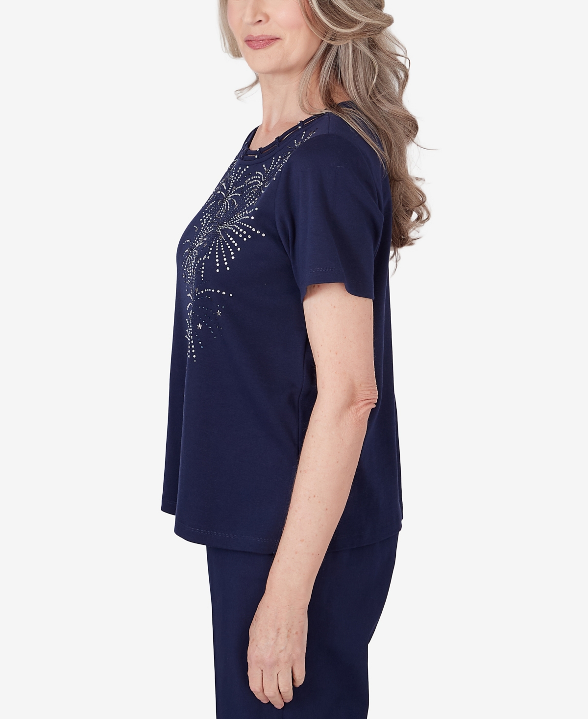 Shop Alfred Dunner Petite All American Embellished Beaded Firework Top In Navy
