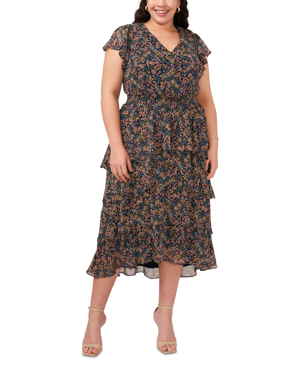Plus Size Floral-Print Flutter-Sleeve Fit & Flare Dress - Navy Multi