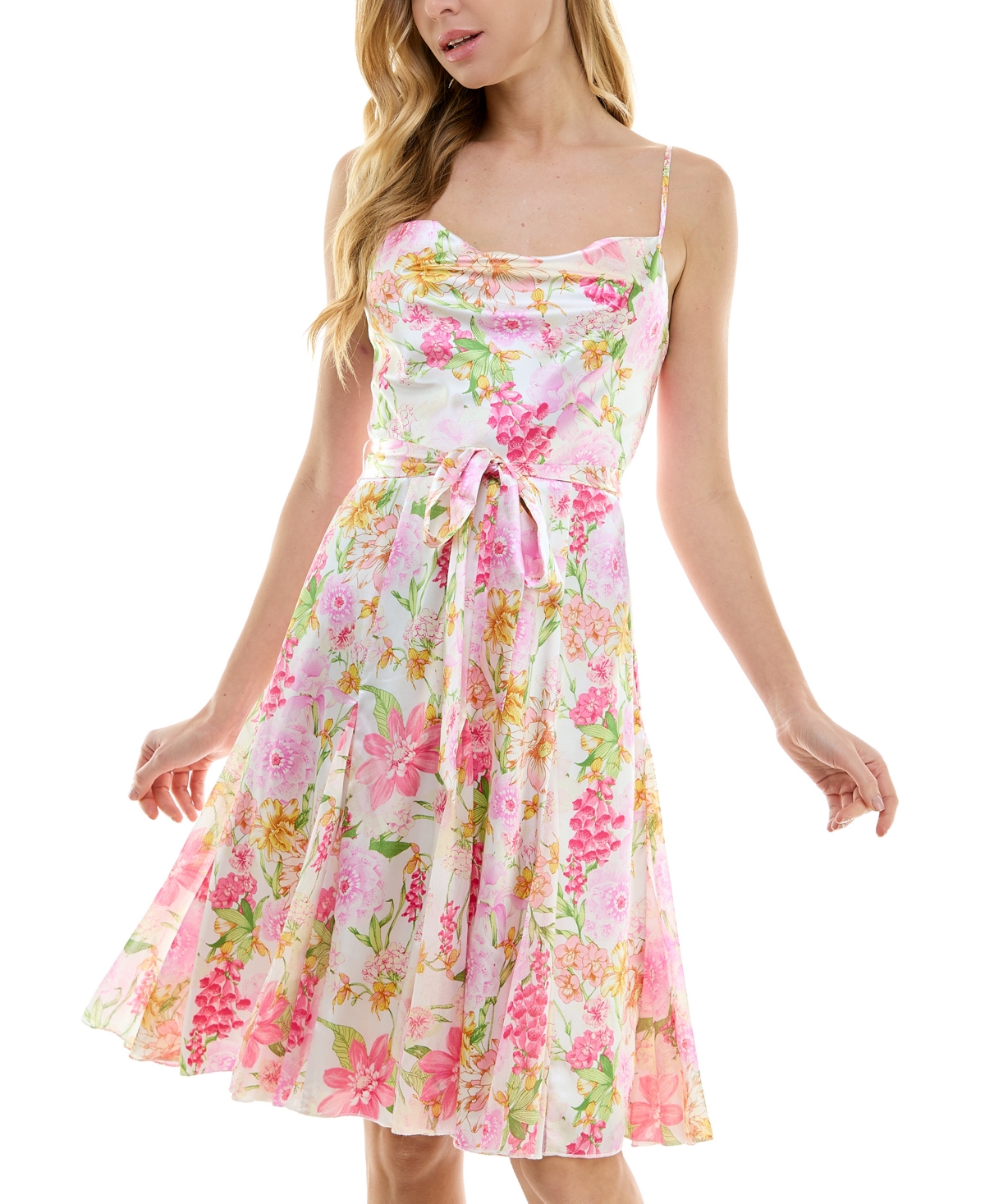 Juniors' Floral-Print Cowlneck Godet-Pleat Dress - Ivy/pnk