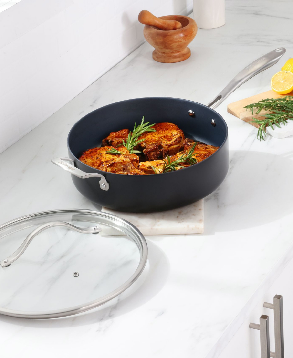 Guy Fieri 's Flavortown Hard-anodized Laser Titanium Aluminum 5-qt. Saute Pan With Lid In Charcoal