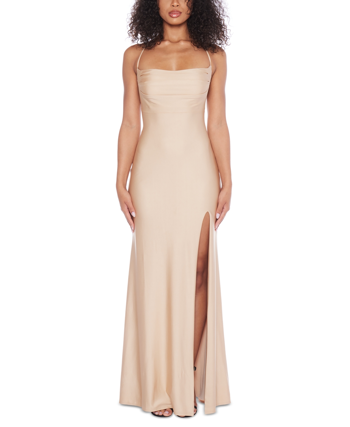 Juniors' Pleated Lace-Up-Back Gown - Oatmeal