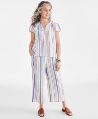 Shop Style & Co Style Co Womens Sandy Stripe Flutter Sleeve Top Cropped Drawstring Pants Created For Macys In Multi Stripe