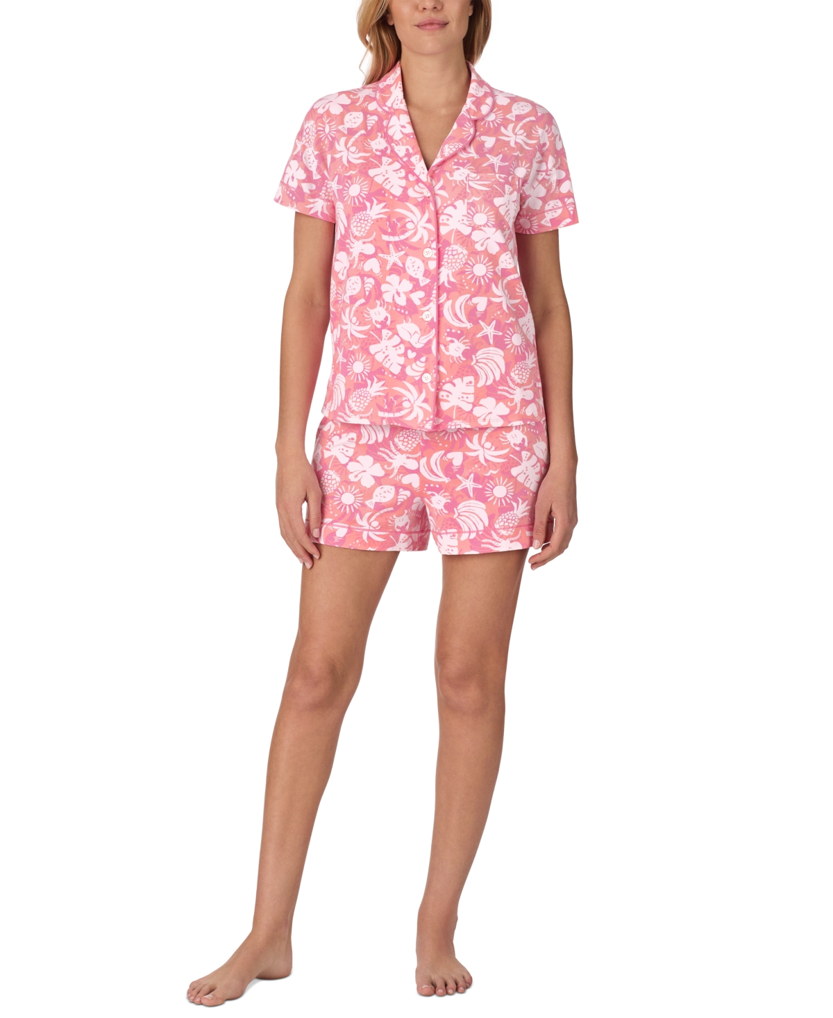Women's 2-Pc. Notched-Collar Shortie Pajamas Set - Coral Print