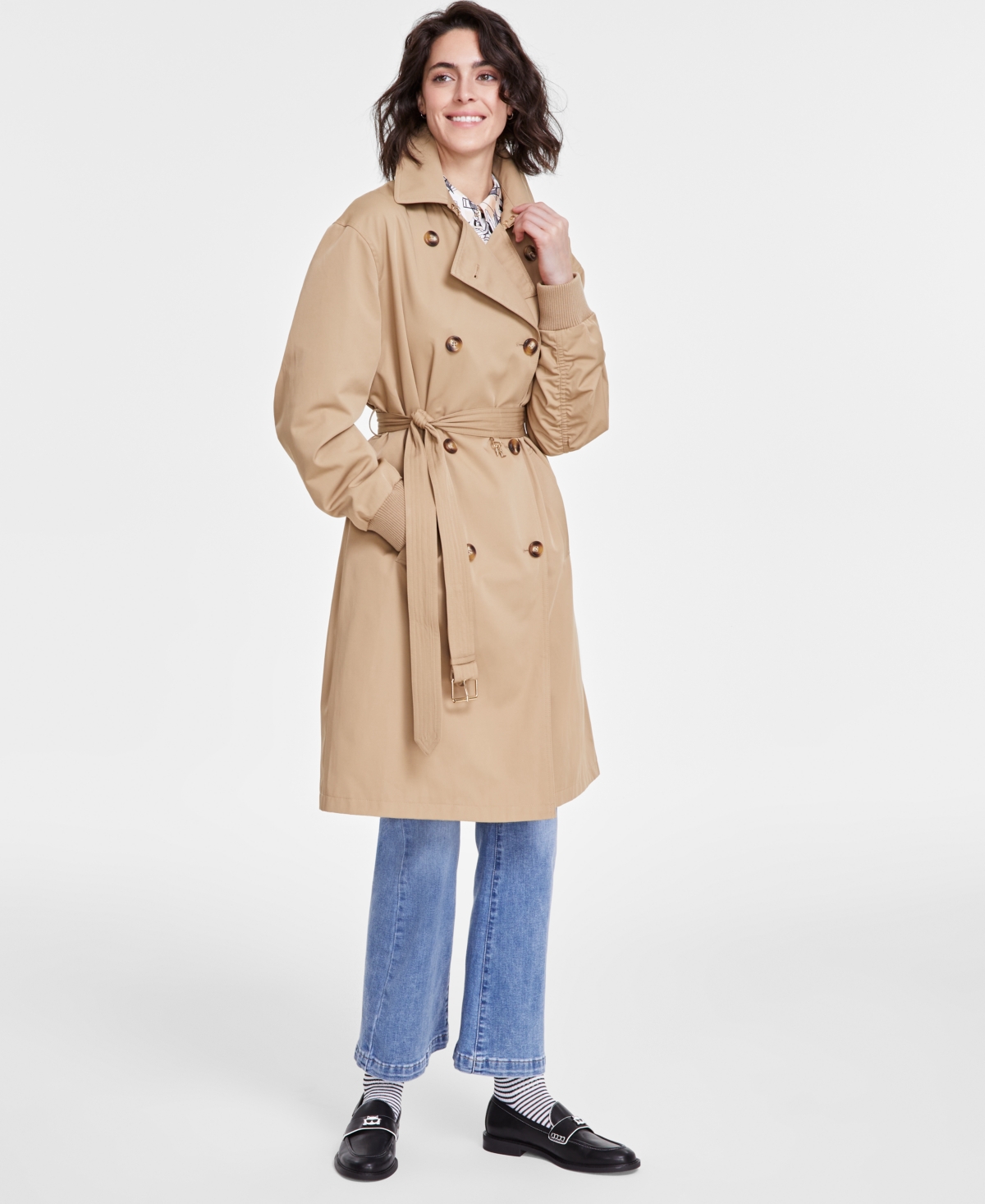 Women's Ruched-Sleeve Trench Coat - Khaki