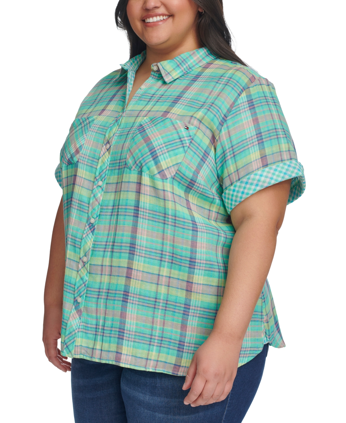 Shop Tommy Hilfiger Plus Size Plaid Short-sleeve Camp Shirt In Oasis Combo