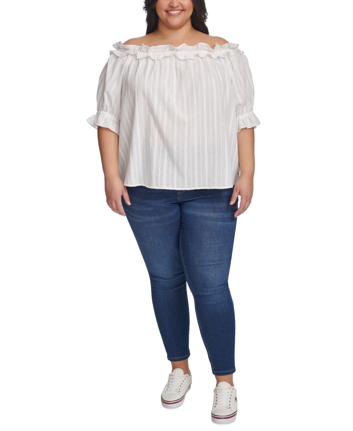Shop Tommy Hilfiger Plus Size Cotton Off-the-shoulder Top In Bright White