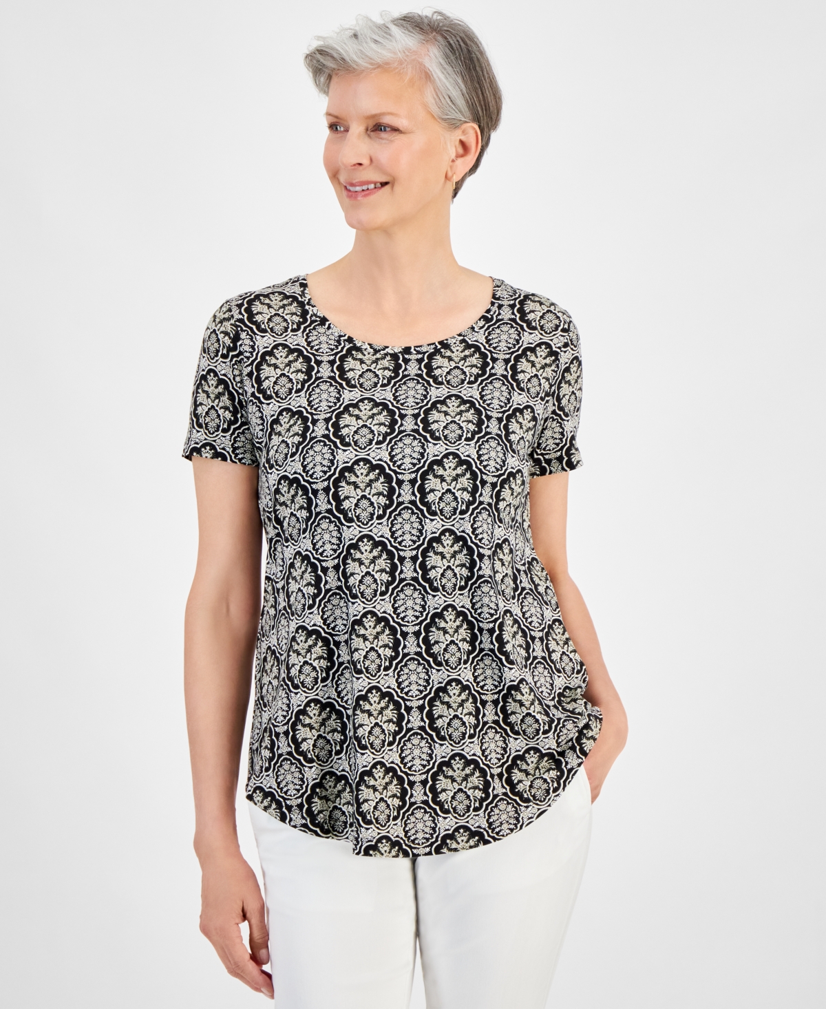 Shop Jm Collection Women's Printed Scoop-neck Short-sleeve Top, Created For Macy's In Deep Black Combo