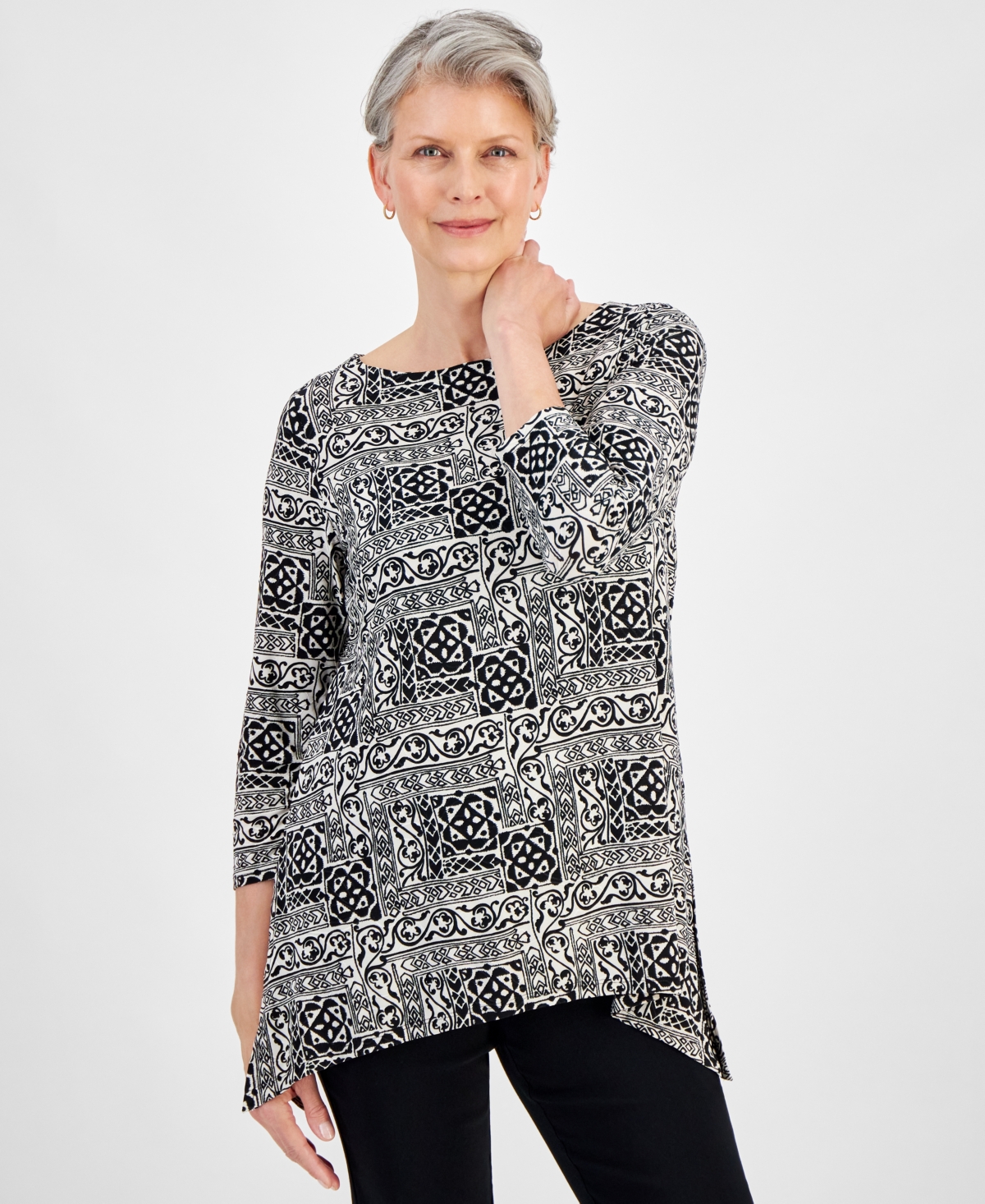 Women's 3/4 Sleeve Printed Jacquard Swing Top, Created for Macy's - Neo Natural Combo