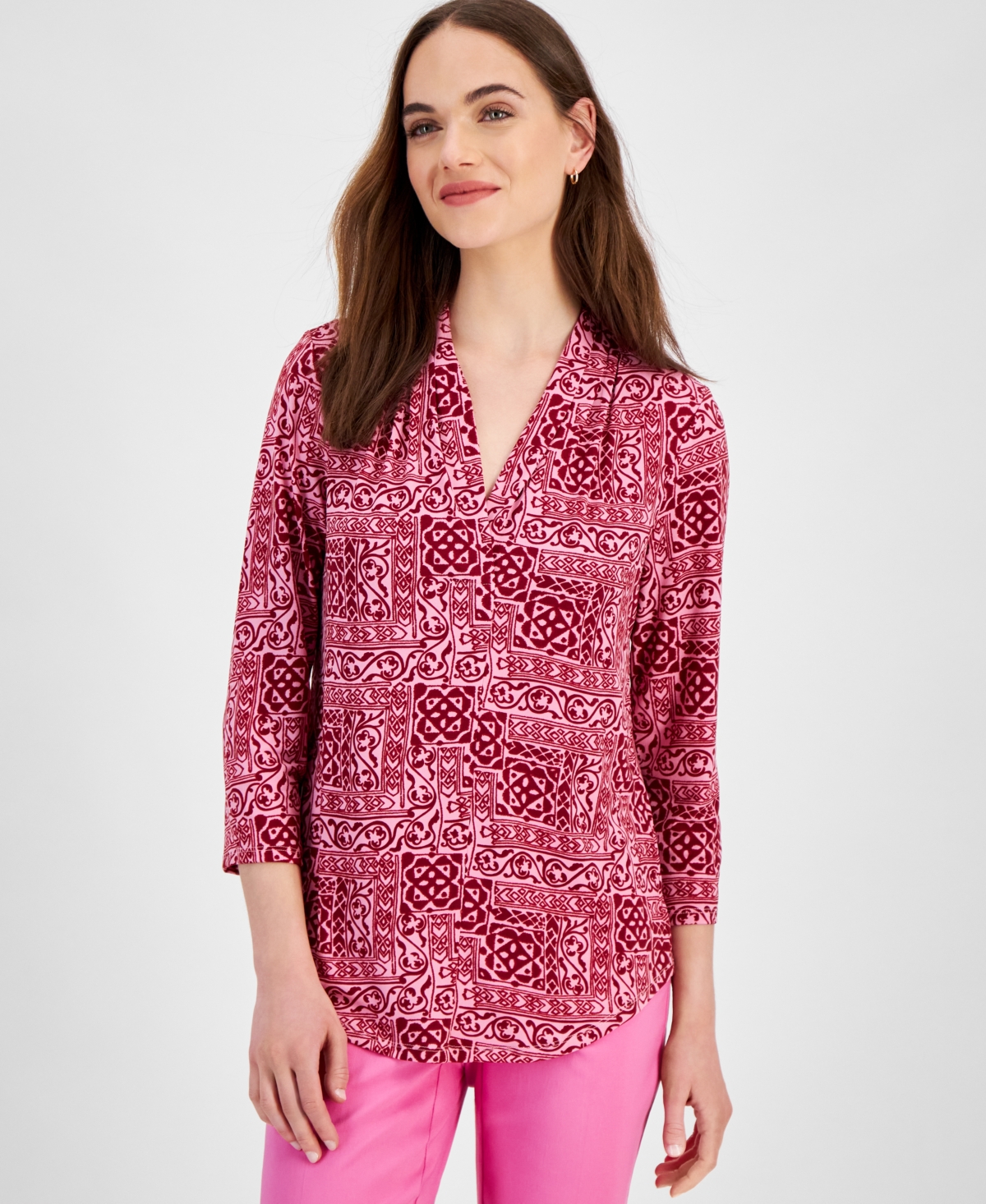 Shop Jm Collection Women's 3/4 Sleeve Printed Pleated-neck Top, Created For Macy's In Blosom Berry Combo