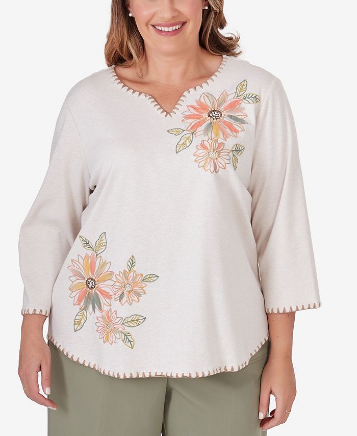 Alfred Dunner Plus Size Tuscan Sunset Embroidered Flower Top - Macy's