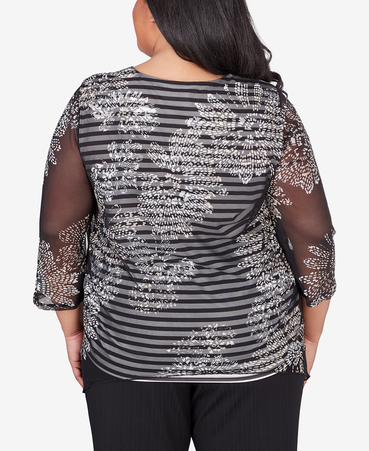 Alfred Dunner Plus Size Opposites Attract Floral Mesh Stripe Top