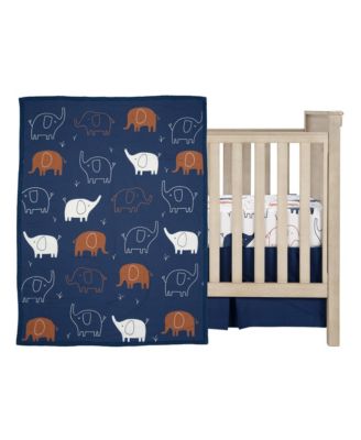 Playful Elephant Blue/White Cotton 3-Piece Baby Crib Bedding Set