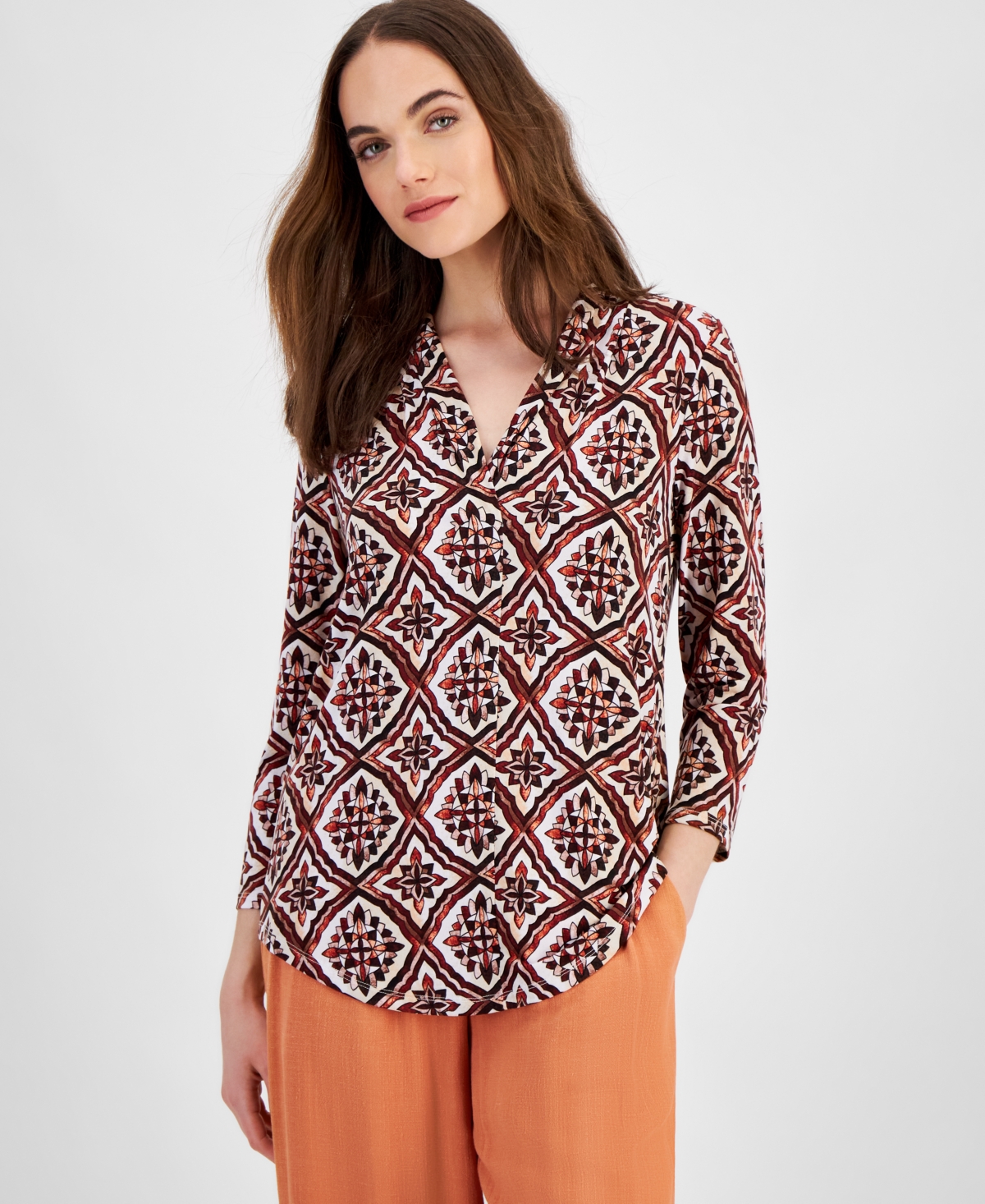 Women's V-Neck Printed 3/4-Sleeve Top, Created for Macy's - Firewood Combo
