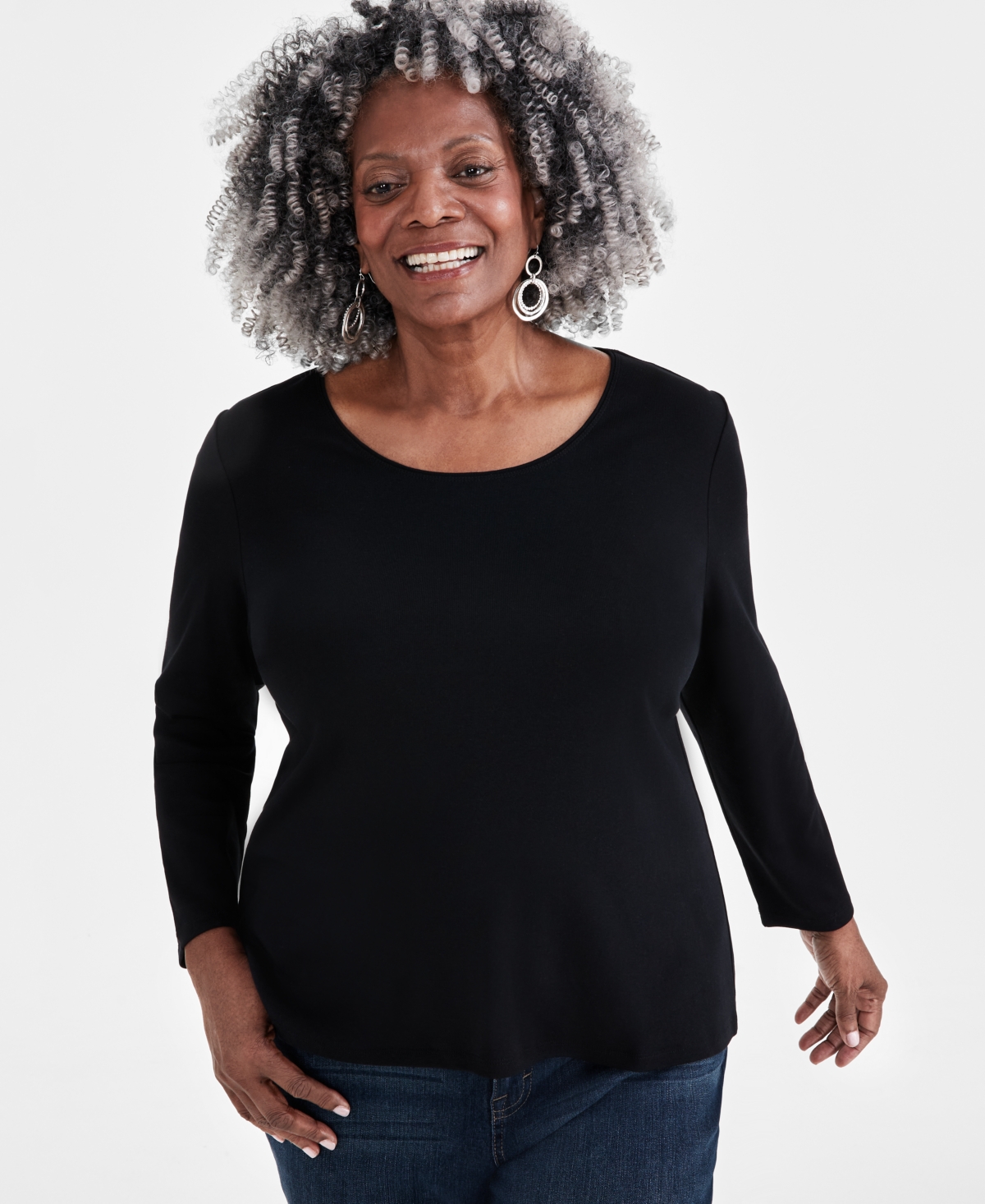 Macy's Plus Size Scoop-neck Long-sleeve Top, Created For  In Deep Black