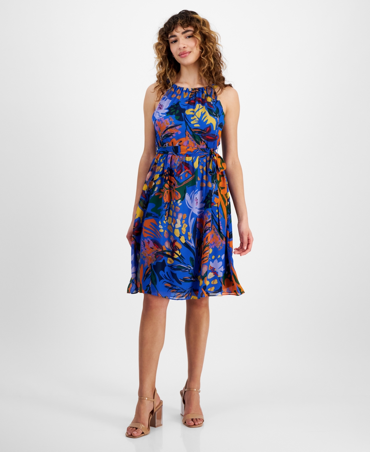 Petite Floral-Print A-Line Dress - Blue Multi