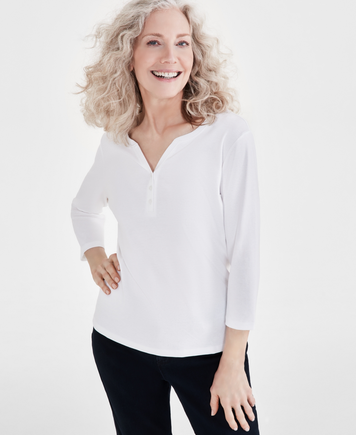 Women's Cotton 3/4-Sleeve Henley Tee, Created for Macy's - Bright White