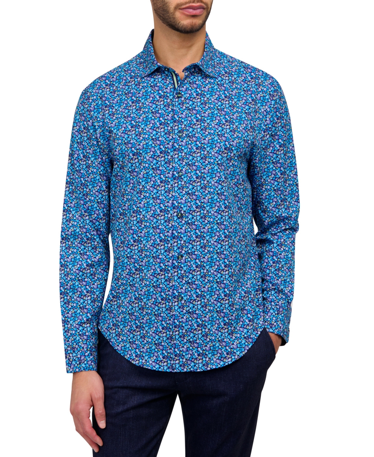 Men's Regular Fit Non-Iron Performance Stretch Micro Floral Print Button-Down Shirt - Navy